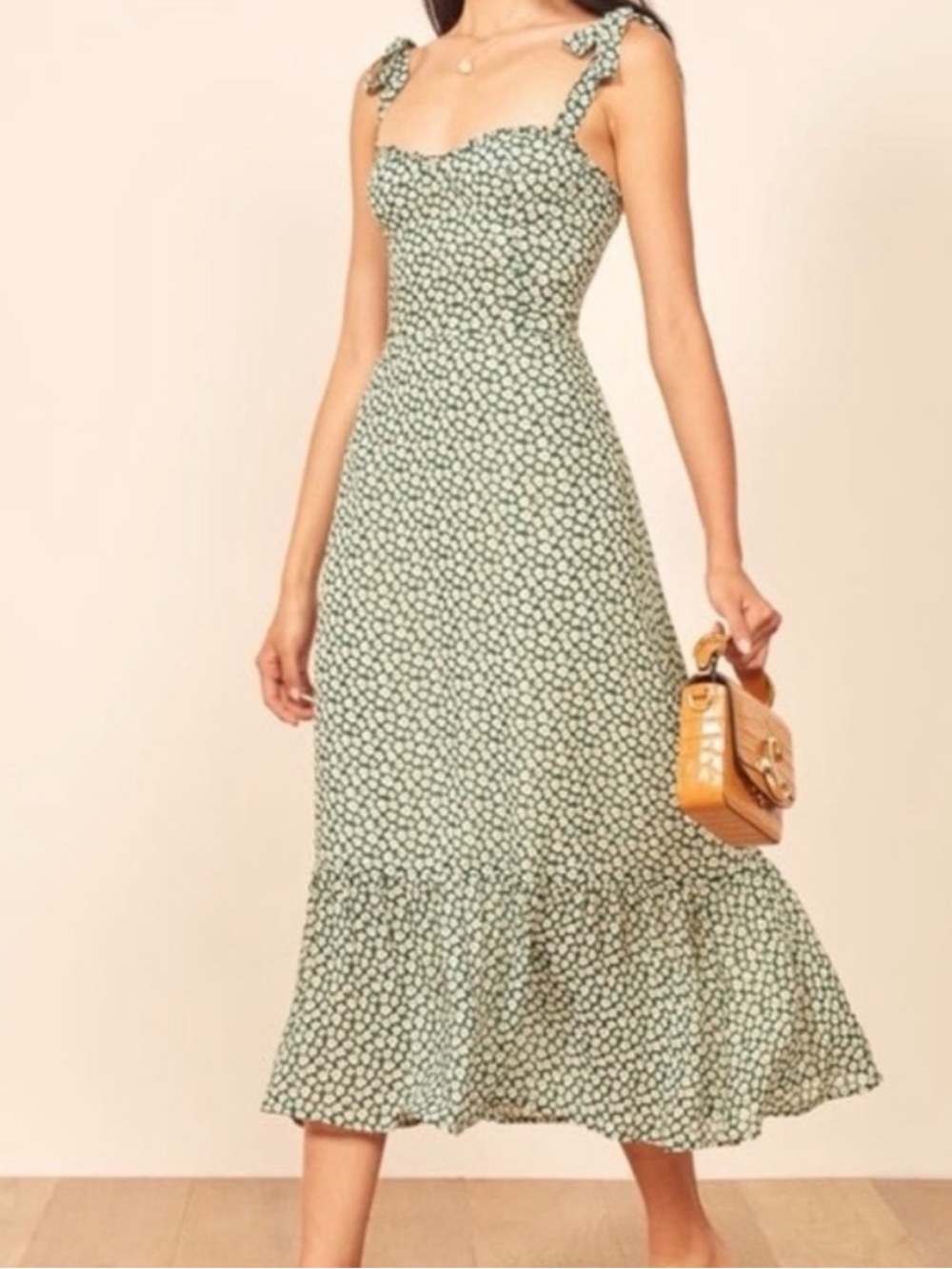 Reformation Nikita Green Floral Tie-Shoulder Midi Dress